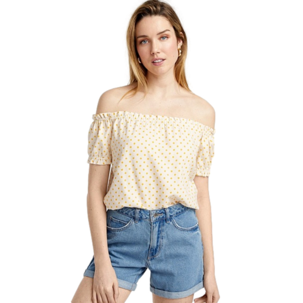 Vero MODA Off-Shoulder Linen Birch Saffron Polka Dot Boho Blouse Size S NWT
